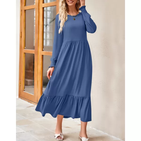 imageZESICA Womens 2024 Fall Long Sleeve Dress Crewneck Casual Loose Pleated Tiered Swing Midi Dresses with PocketsDustyblue