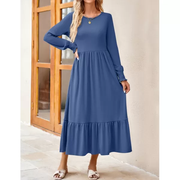 imageZESICA Womens 2024 Fall Long Sleeve Dress Crewneck Casual Loose Pleated Tiered Swing Midi Dresses with PocketsDustyblue