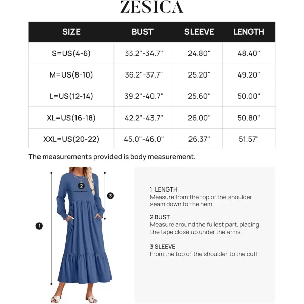 imageZESICA Womens 2024 Fall Long Sleeve Dress Crewneck Casual Loose Pleated Tiered Swing Midi Dresses with PocketsDustyblue