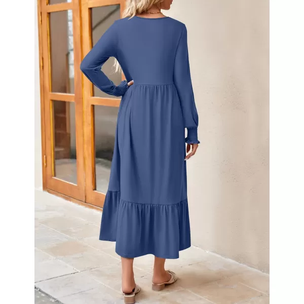 imageZESICA Womens 2024 Fall Long Sleeve Dress Crewneck Casual Loose Pleated Tiered Swing Midi Dresses with PocketsDustyblue