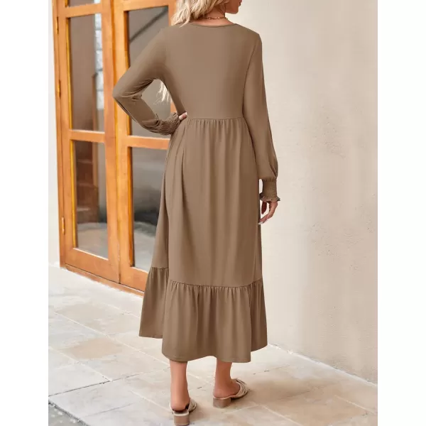 imageZESICA Womens 2024 Fall Long Sleeve Dress Crewneck Casual Loose Pleated Tiered Swing Midi Dresses with PocketsKhaki
