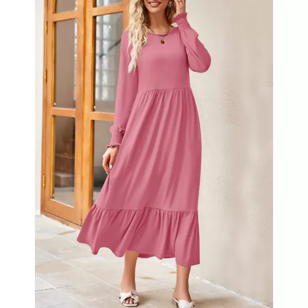imageZESICA Womens 2024 Fall Long Sleeve Dress Crewneck Casual Loose Pleated Tiered Swing Midi Dresses with PocketsPink