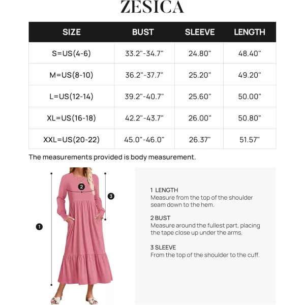 imageZESICA Womens 2024 Fall Long Sleeve Dress Crewneck Casual Loose Pleated Tiered Swing Midi Dresses with PocketsPink