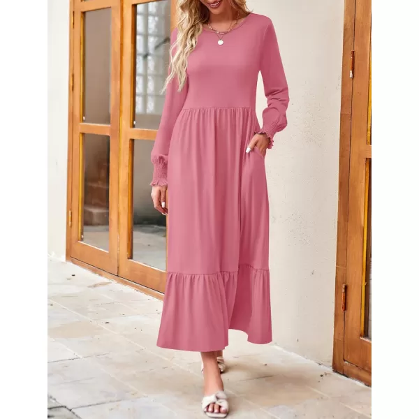 imageZESICA Womens 2024 Fall Long Sleeve Dress Crewneck Casual Loose Pleated Tiered Swing Midi Dresses with PocketsPink