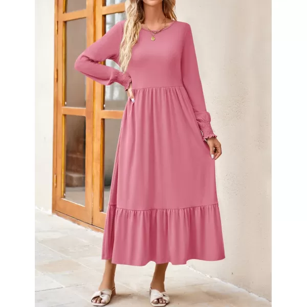imageZESICA Womens 2024 Fall Long Sleeve Dress Crewneck Casual Loose Pleated Tiered Swing Midi Dresses with PocketsPink