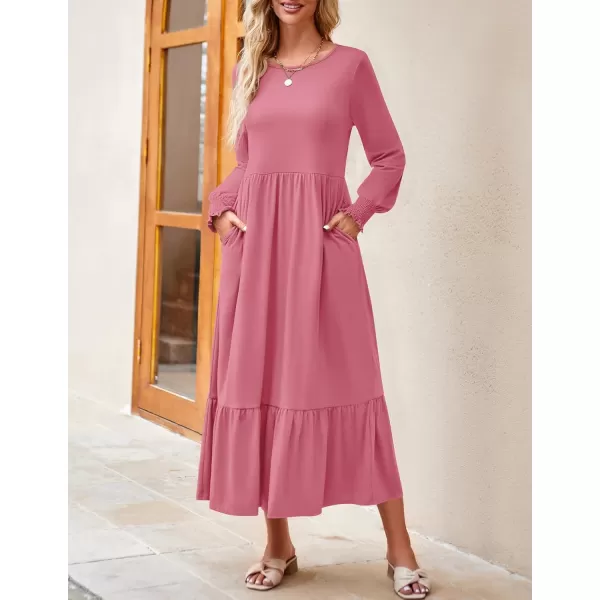 imageZESICA Womens 2024 Fall Long Sleeve Dress Crewneck Casual Loose Pleated Tiered Swing Midi Dresses with PocketsPink
