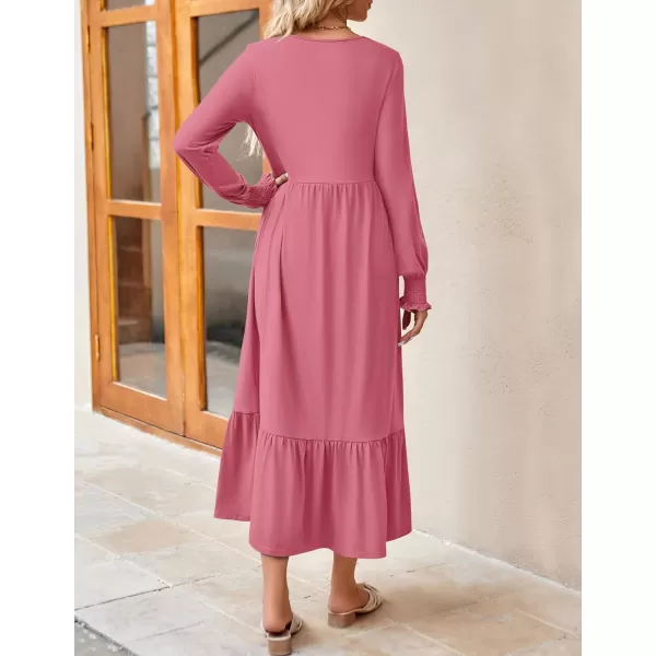 imageZESICA Womens 2024 Fall Long Sleeve Dress Crewneck Casual Loose Pleated Tiered Swing Midi Dresses with PocketsPink