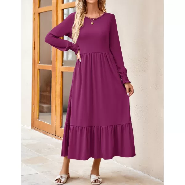 imageZESICA Womens 2024 Fall Long Sleeve Dress Crewneck Casual Loose Pleated Tiered Swing Midi Dresses with PocketsPlum