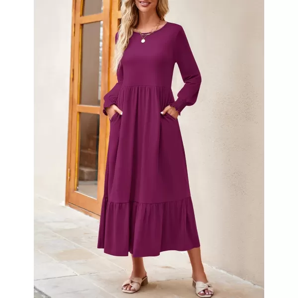 imageZESICA Womens 2024 Fall Long Sleeve Dress Crewneck Casual Loose Pleated Tiered Swing Midi Dresses with PocketsPlum