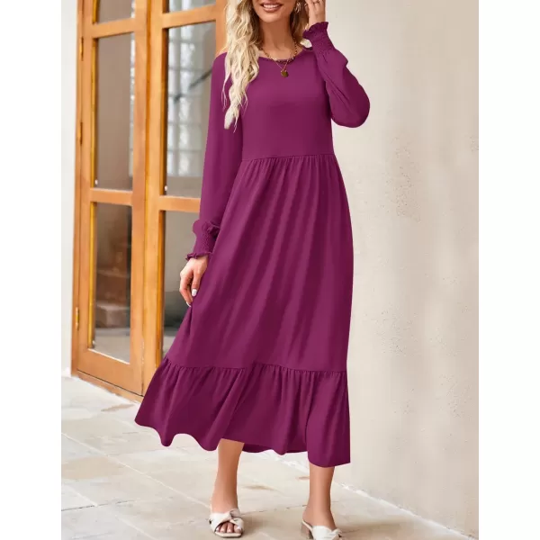 imageZESICA Womens 2024 Fall Long Sleeve Dress Crewneck Casual Loose Pleated Tiered Swing Midi Dresses with PocketsPlum