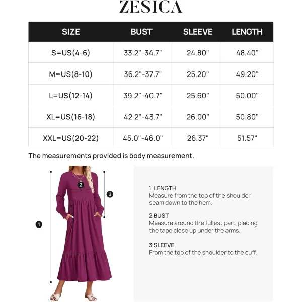 imageZESICA Womens 2024 Fall Long Sleeve Dress Crewneck Casual Loose Pleated Tiered Swing Midi Dresses with PocketsPlum