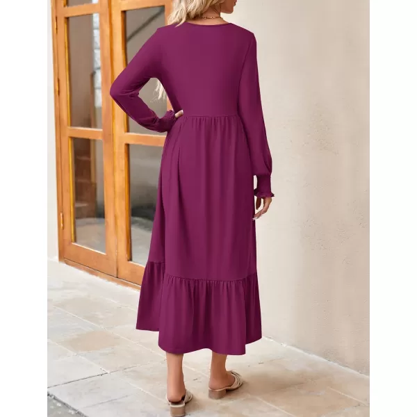 imageZESICA Womens 2024 Fall Long Sleeve Dress Crewneck Casual Loose Pleated Tiered Swing Midi Dresses with PocketsPlum