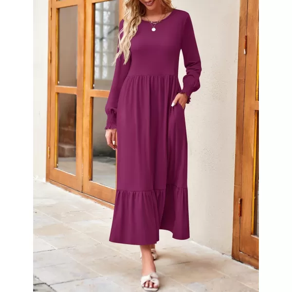 imageZESICA Womens 2024 Fall Long Sleeve Dress Crewneck Casual Loose Pleated Tiered Swing Midi Dresses with PocketsPlum