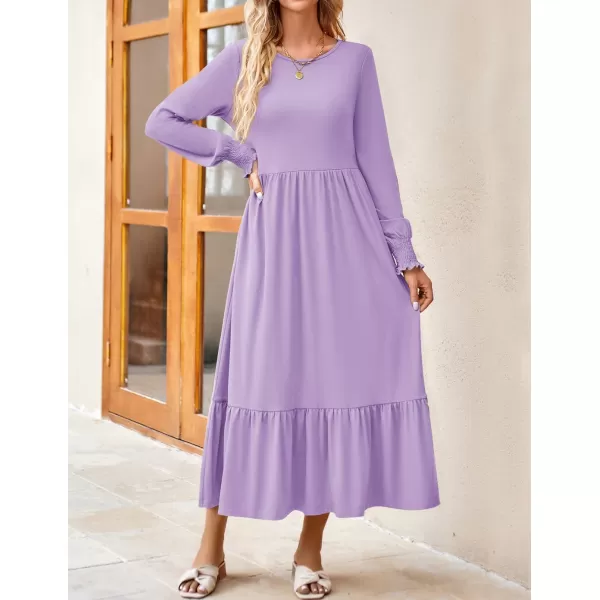 imageZESICA Womens 2024 Fall Long Sleeve Dress Crewneck Casual Loose Pleated Tiered Swing Midi Dresses with PocketsPurple