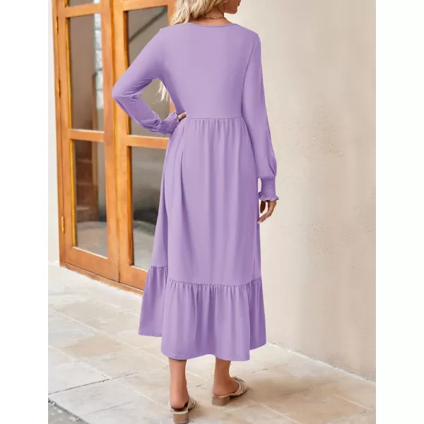imageZESICA Womens 2024 Fall Long Sleeve Dress Crewneck Casual Loose Pleated Tiered Swing Midi Dresses with PocketsPurple