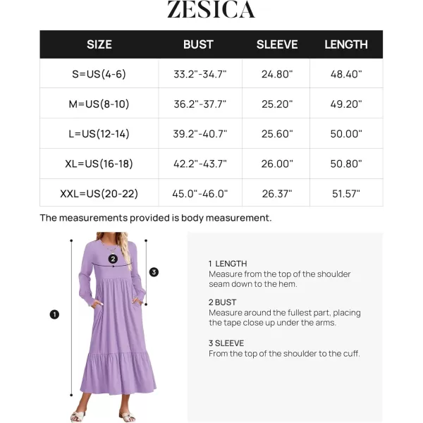 imageZESICA Womens 2024 Fall Long Sleeve Dress Crewneck Casual Loose Pleated Tiered Swing Midi Dresses with PocketsPurple