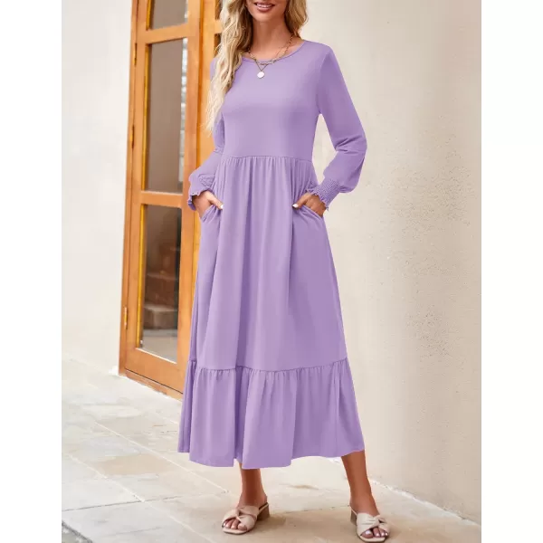 imageZESICA Womens 2024 Fall Long Sleeve Dress Crewneck Casual Loose Pleated Tiered Swing Midi Dresses with PocketsPurple