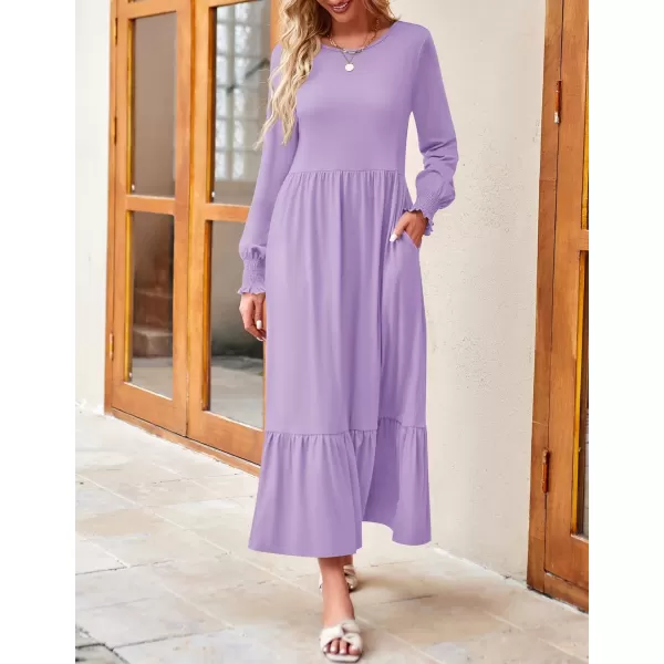 imageZESICA Womens 2024 Fall Long Sleeve Dress Crewneck Casual Loose Pleated Tiered Swing Midi Dresses with PocketsPurple
