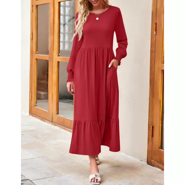 imageZESICA Womens 2024 Fall Long Sleeve Dress Crewneck Casual Loose Pleated Tiered Swing Midi Dresses with PocketsRed