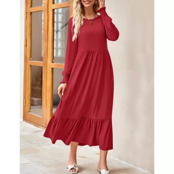 imageZESICA Womens 2024 Fall Long Sleeve Dress Crewneck Casual Loose Pleated Tiered Swing Midi Dresses with PocketsRed