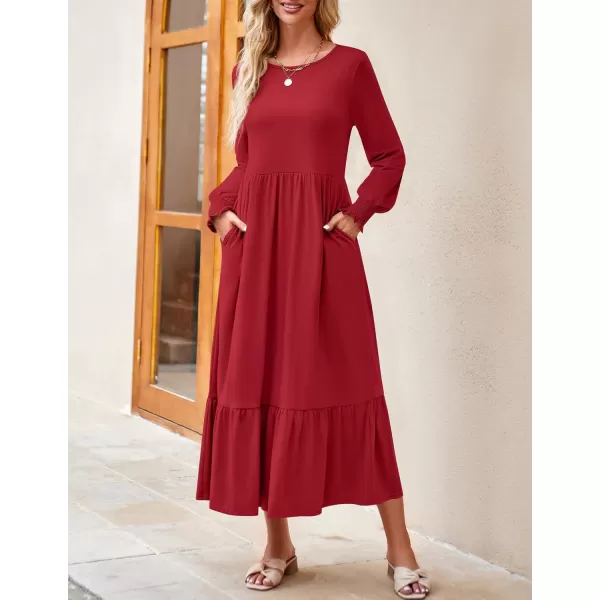 imageZESICA Womens 2024 Fall Long Sleeve Dress Crewneck Casual Loose Pleated Tiered Swing Midi Dresses with PocketsRed