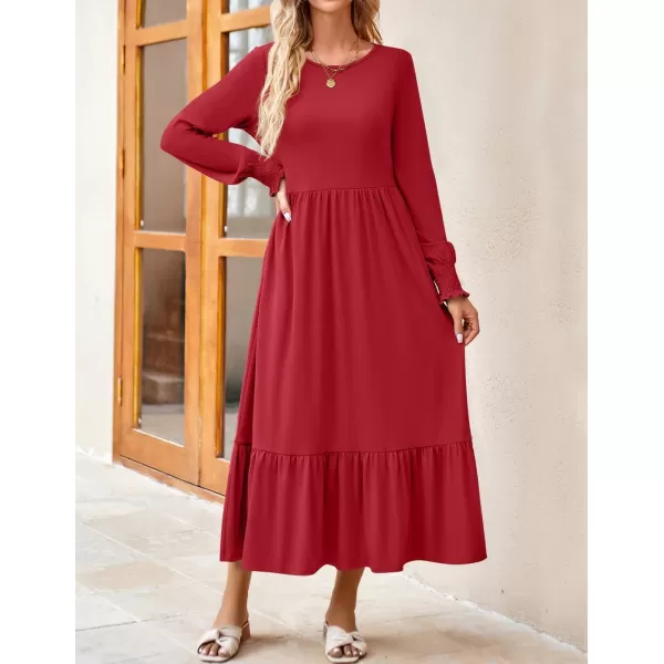 imageZESICA Womens 2024 Fall Long Sleeve Dress Crewneck Casual Loose Pleated Tiered Swing Midi Dresses with PocketsRed