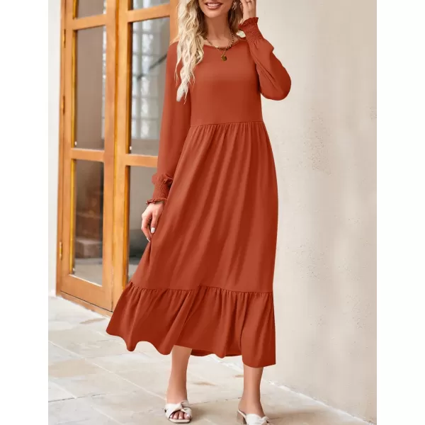 imageZESICA Womens 2024 Fall Long Sleeve Dress Crewneck Casual Loose Pleated Tiered Swing Midi Dresses with PocketsRust