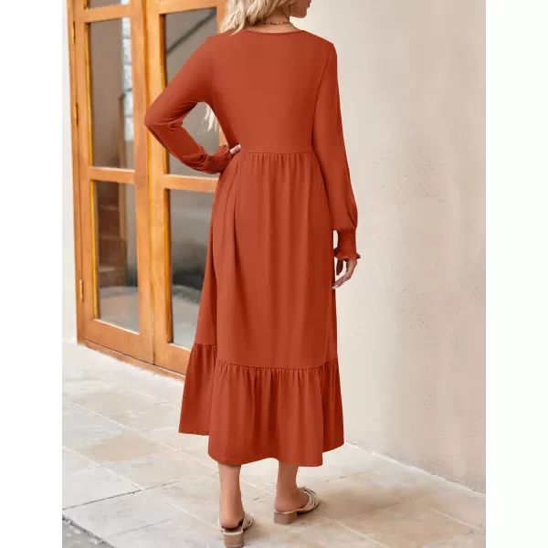 imageZESICA Womens 2024 Fall Long Sleeve Dress Crewneck Casual Loose Pleated Tiered Swing Midi Dresses with PocketsRust