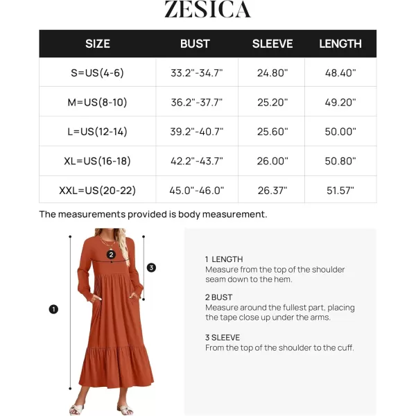 imageZESICA Womens 2024 Fall Long Sleeve Dress Crewneck Casual Loose Pleated Tiered Swing Midi Dresses with PocketsRust