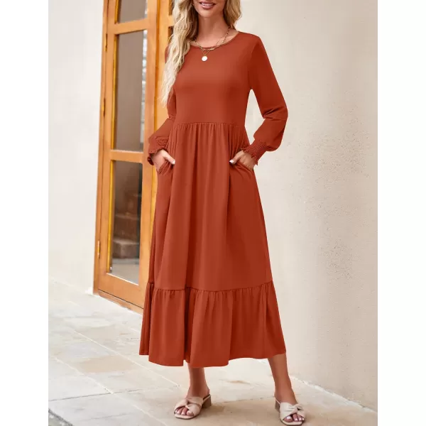 imageZESICA Womens 2024 Fall Long Sleeve Dress Crewneck Casual Loose Pleated Tiered Swing Midi Dresses with PocketsRust
