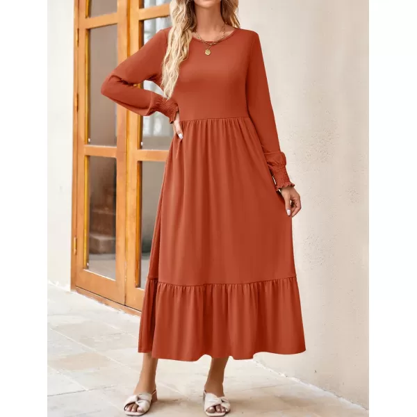 imageZESICA Womens 2024 Fall Long Sleeve Dress Crewneck Casual Loose Pleated Tiered Swing Midi Dresses with PocketsRust