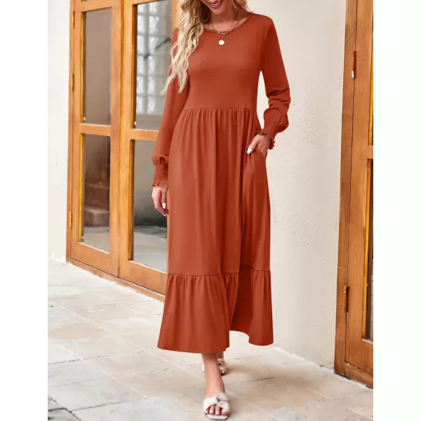 imageZESICA Womens 2024 Fall Long Sleeve Dress Crewneck Casual Loose Pleated Tiered Swing Midi Dresses with PocketsRust
