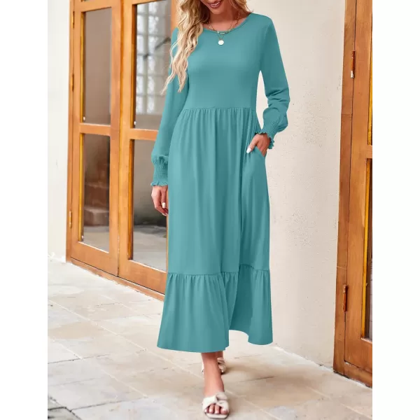 imageZESICA Womens 2024 Fall Long Sleeve Dress Crewneck Casual Loose Pleated Tiered Swing Midi Dresses with PocketsSage