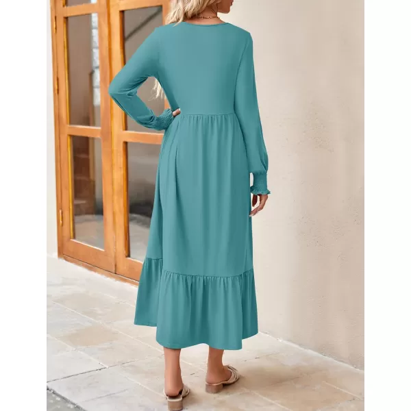 imageZESICA Womens 2024 Fall Long Sleeve Dress Crewneck Casual Loose Pleated Tiered Swing Midi Dresses with PocketsSage
