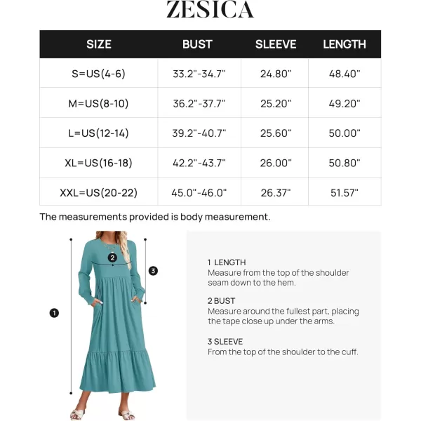 imageZESICA Womens 2024 Fall Long Sleeve Dress Crewneck Casual Loose Pleated Tiered Swing Midi Dresses with PocketsSage