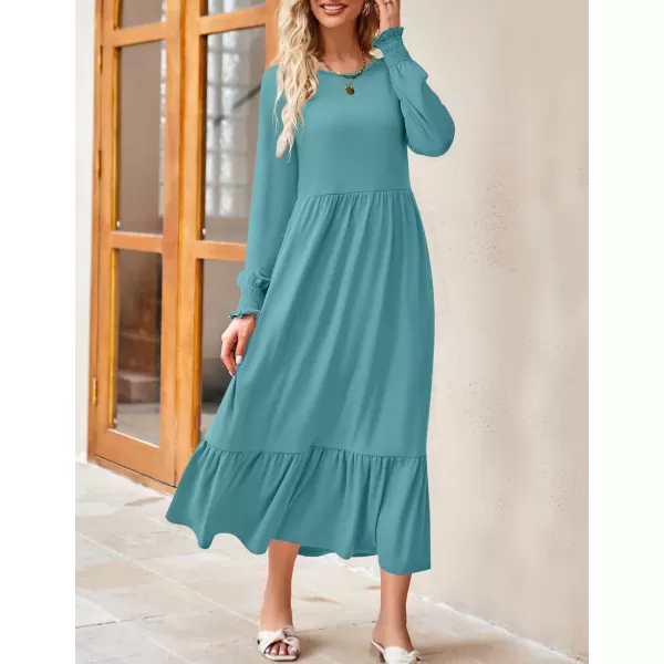 imageZESICA Womens 2024 Fall Long Sleeve Dress Crewneck Casual Loose Pleated Tiered Swing Midi Dresses with PocketsSage