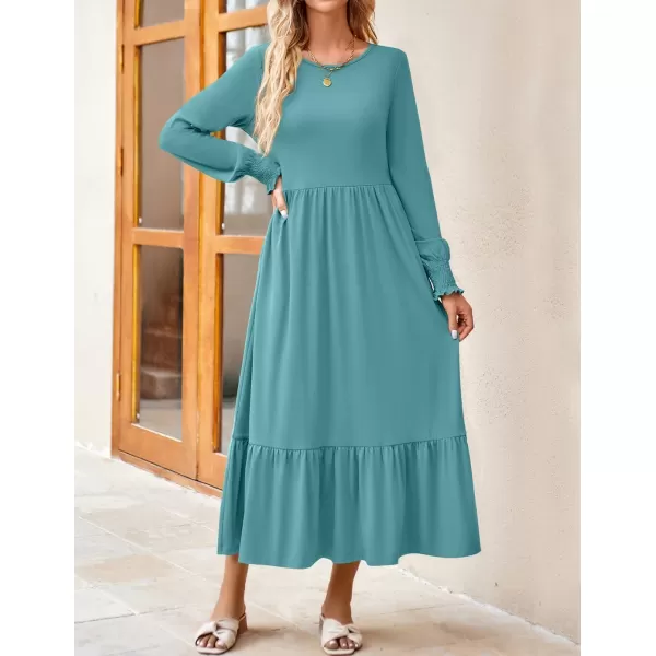 imageZESICA Womens 2024 Fall Long Sleeve Dress Crewneck Casual Loose Pleated Tiered Swing Midi Dresses with PocketsSage