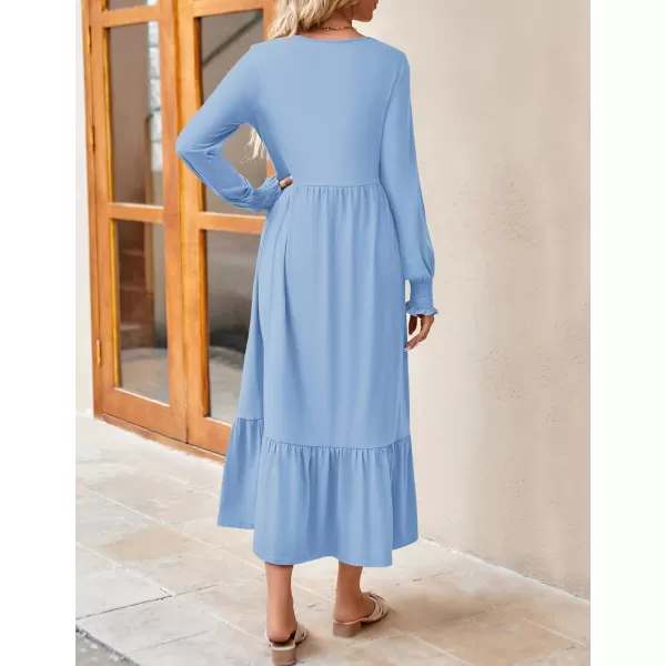 imageZESICA Womens 2024 Fall Long Sleeve Dress Crewneck Casual Loose Pleated Tiered Swing Midi Dresses with PocketsSky