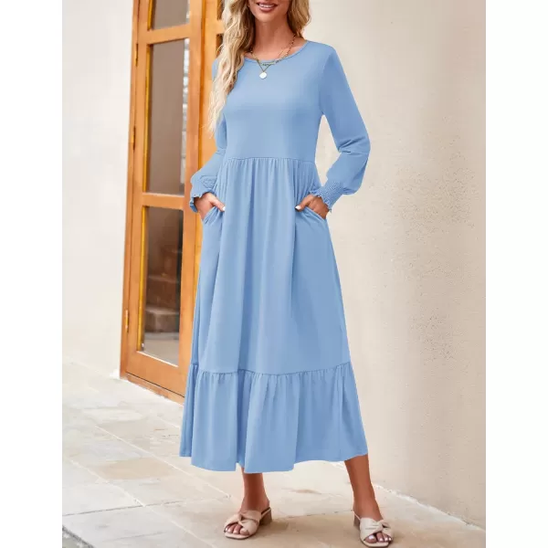 imageZESICA Womens 2024 Fall Long Sleeve Dress Crewneck Casual Loose Pleated Tiered Swing Midi Dresses with PocketsSky
