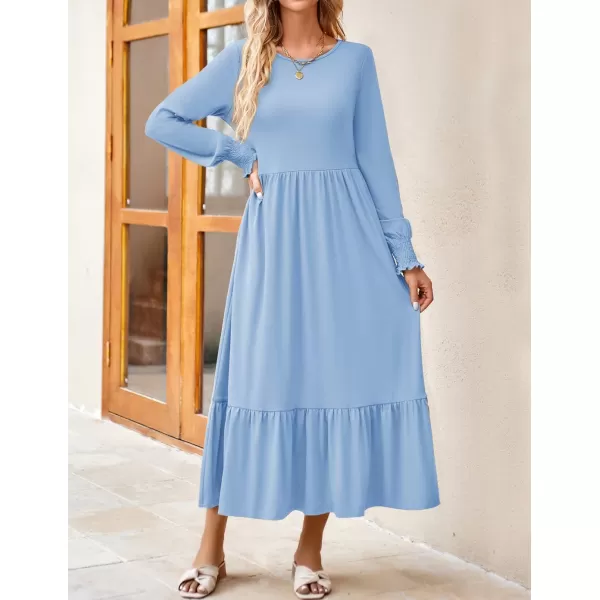 imageZESICA Womens 2024 Fall Long Sleeve Dress Crewneck Casual Loose Pleated Tiered Swing Midi Dresses with PocketsSky