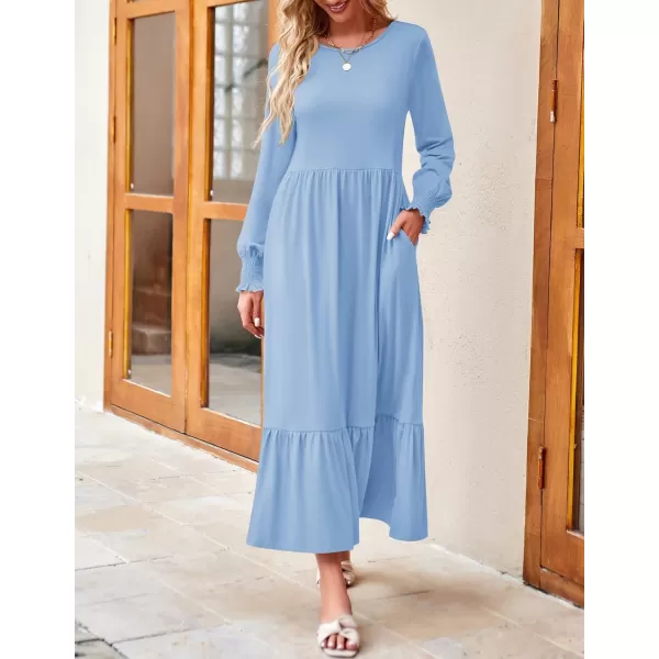 imageZESICA Womens 2024 Fall Long Sleeve Dress Crewneck Casual Loose Pleated Tiered Swing Midi Dresses with PocketsSky