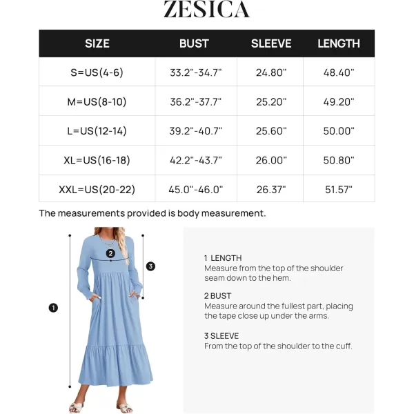 imageZESICA Womens 2024 Fall Long Sleeve Dress Crewneck Casual Loose Pleated Tiered Swing Midi Dresses with PocketsSky
