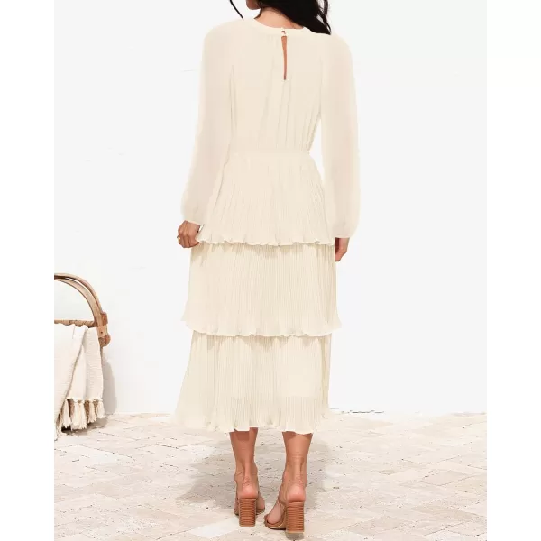 imageZESICA Womens 2024 Long Sleeve Crew Neck Ruffle Tiered Layered Chiffon Flowy Swing Long Midi DressApricot