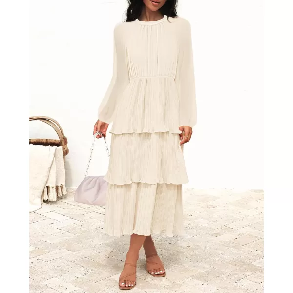 imageZESICA Womens 2024 Long Sleeve Crew Neck Ruffle Tiered Layered Chiffon Flowy Swing Long Midi DressApricot