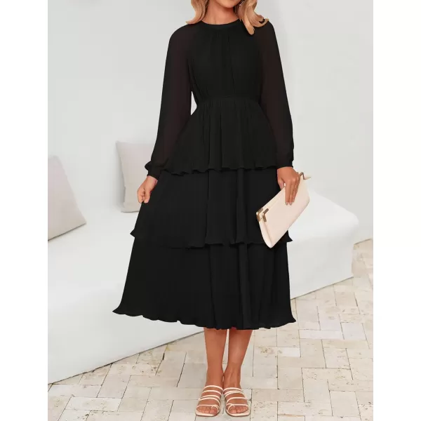 imageZESICA Womens 2024 Long Sleeve Crew Neck Ruffle Tiered Layered Chiffon Flowy Swing Long Midi DressBlack