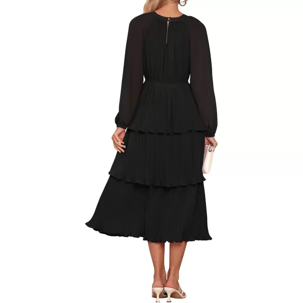 imageZESICA Womens 2024 Long Sleeve Crew Neck Ruffle Tiered Layered Chiffon Flowy Swing Long Midi DressBlack