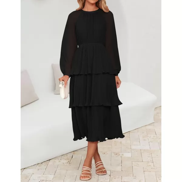 imageZESICA Womens 2024 Long Sleeve Crew Neck Ruffle Tiered Layered Chiffon Flowy Swing Long Midi DressBlack