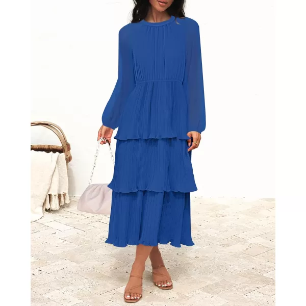 imageZESICA Womens 2024 Long Sleeve Crew Neck Ruffle Tiered Layered Chiffon Flowy Swing Long Midi DressBlue