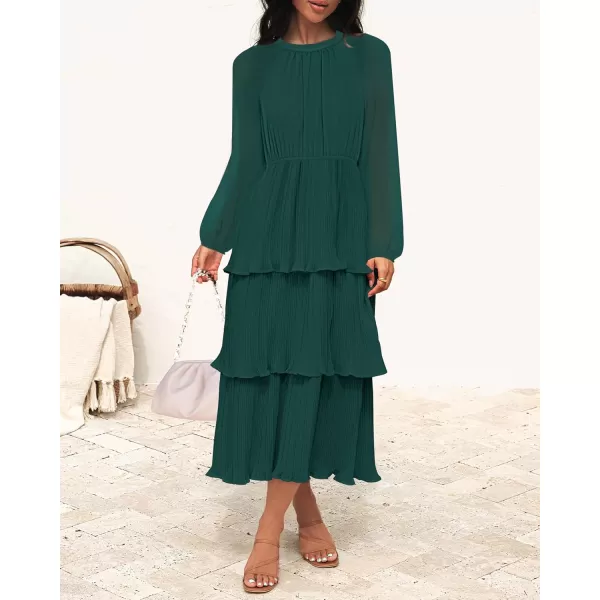 imageZESICA Womens 2024 Long Sleeve Crew Neck Ruffle Tiered Layered Chiffon Flowy Swing Long Midi DressDarkgreen