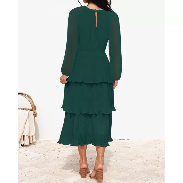 imageZESICA Womens 2024 Long Sleeve Crew Neck Ruffle Tiered Layered Chiffon Flowy Swing Long Midi DressDarkgreen